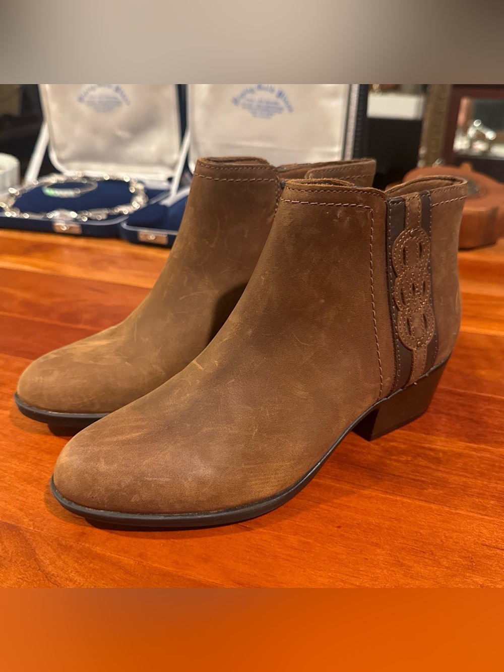 Clarks Brown Leather Ankle Booties with Side Elastic Detail